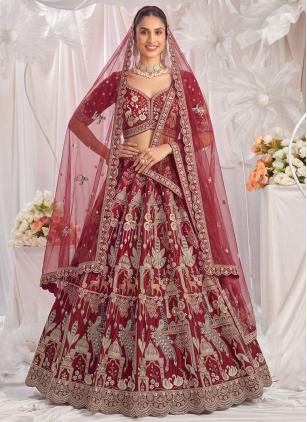 
                      Red Color Beads Silk Trendy Lehenga Choli For Bride