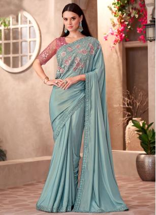 
                      Aqua Blue Embroidered Border Faux Georgette Classic Saree