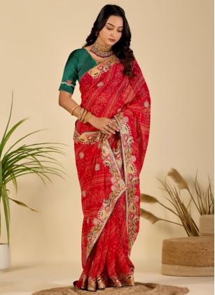 
                      Bandhej Print Georgette Red Trendy Saree