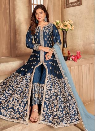 
                      Embroidered Black Art Silk Floor Lenght Salwar Suit