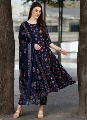 
                      Printed Blue Rayon Pant Style Suit for Casual