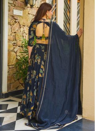 
                      Blue Digital Print Crepe Silk Readymade Lehenga Choli