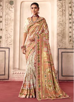 
                      Cream Color Silk Contemporary Wedding Saree