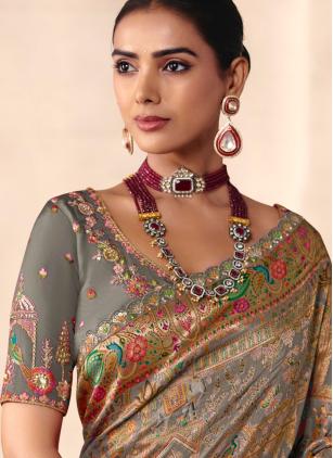 
                      Beautiful Ceremonial Grey Cut Work Silk Classic Saree