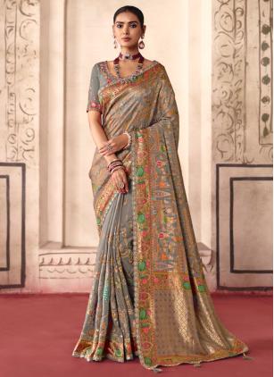 
                      Beautiful Ceremonial Grey Cut Work Silk Classic Saree