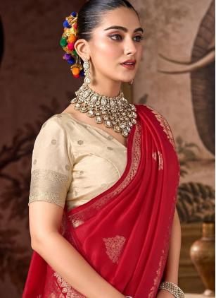
                      Red Viscose Weaving Trendy Festive Saree With Contrast Blouse