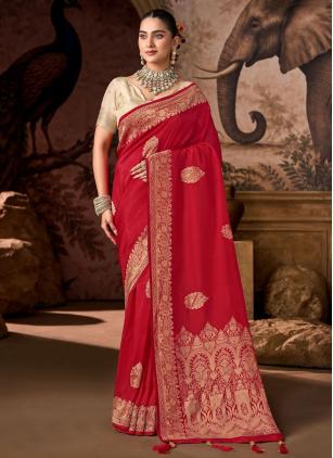 
                      Red Viscose Weaving Trendy Festive Saree With Contrast Blouse