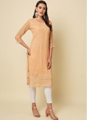
                      Chikankari Work Georgette Peach Designer Kurti