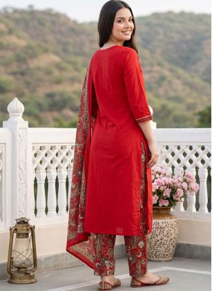 
                      Cotton Embroidered Red Readymade Salwar Kameez