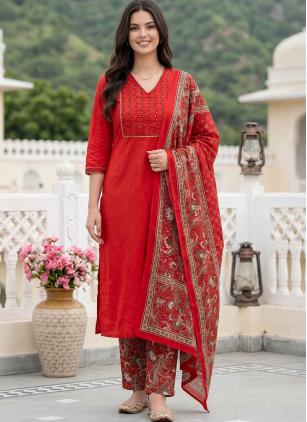 
                      Cotton Embroidered Red Readymade Salwar Kameez