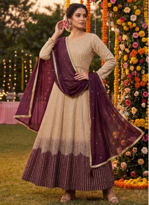 
                      Cream and Wine Embroidered Designer Gown