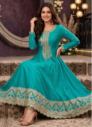 
                      Beautiful Embroidered Silk Turquoise Readymade Salwar Kameez