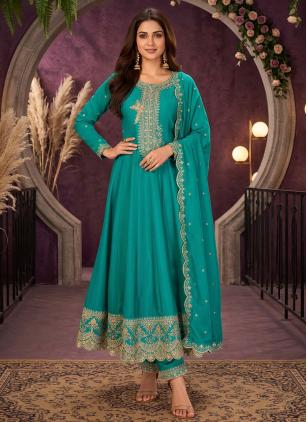 
                      Beautiful Embroidered Silk Turquoise Readymade Salwar Kameez