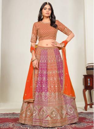 
                      Faux Georgette Rani and Orange Designer Lehenga Choli
