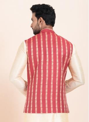 
                      Beautiful Gold and Red Jacquard Work Nehru Jacket
