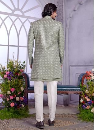 
                      Beautiful Machine Embroidery Art Silk Green Indo Western