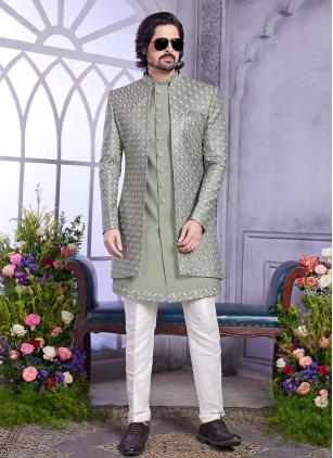 
                      Beautiful Machine Embroidery Art Silk Green Indo Western