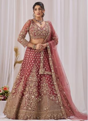 
                      Net Pink Embroidered Trendy Lehenga Choli For Bride
