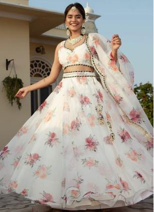 
                      White Organza Digital Floral Printed Lehenga Choli