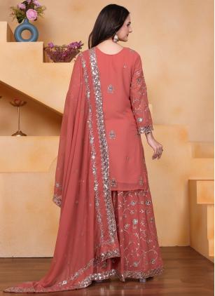 
                      Peach Faux Georgette Sequins Work Readymade Salwar Suit