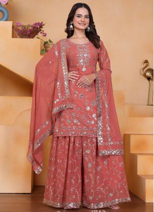 
                      Peach Faux Georgette Sequins Work Readymade Salwar Suit