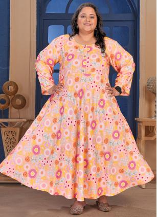 
                      Peach Printed Readymade Plus Size Gown