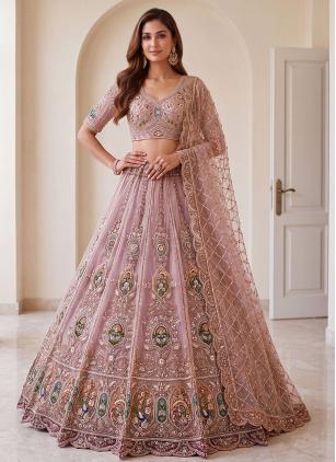 
                      Pink Net Embroidered Trendy Lehenga Choli
