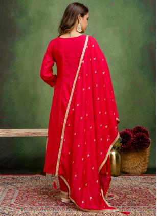 
                      Embroidered Rani and Red Silk Blend Readymade Salwar Suit