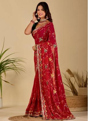 
                      Beautiful Red Georgette Bandhej Print Contemporary Saree
