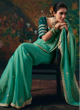 
                      Beautiful Sea Green Beads Contemporary Saree