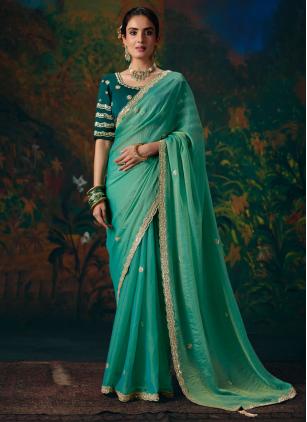 
                      Beautiful Sea Green Beads Contemporary Saree