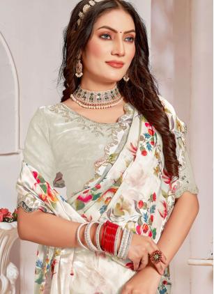 
                      Beautiful White Zircon Border Organza Contemporary Saree