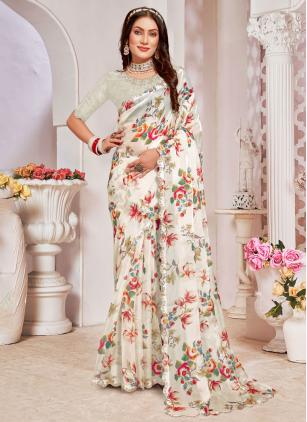 
                      Beautiful White Zircon Border Organza Contemporary Saree