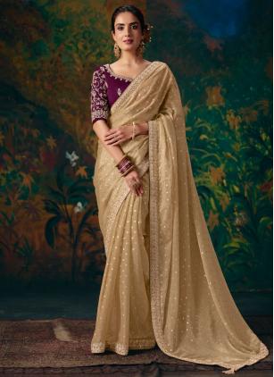 
                      Beige Beads Fancy Fabric Contemporary Saree
