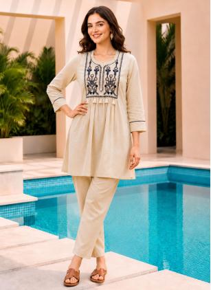 
                      Beige Embroidered Party Wear Kurti