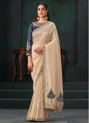 
                      Beige Embroidered Tissue Contemporary Saree