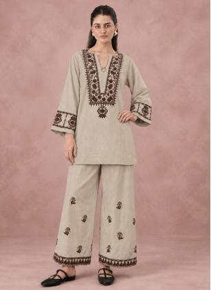 
                      Beige Festival Cotton Embroidered Designer Kurti