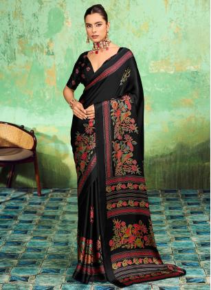
                      Black Casual Satin Print Contemporary Saree