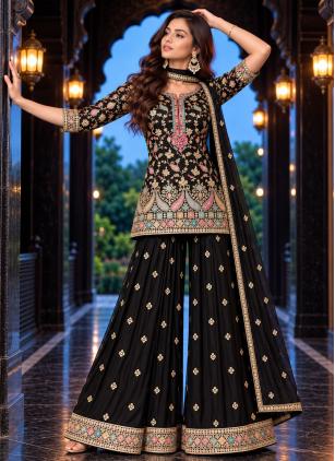 
                      Black Chinon Embroidered Work Palazzo Salwar Kameez
