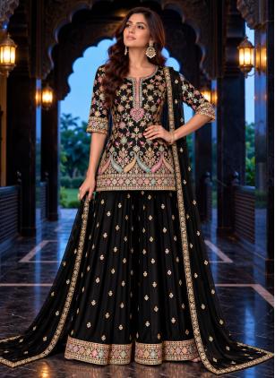 
                      Black Chinon Embroidered Work Palazzo Salwar Kameez