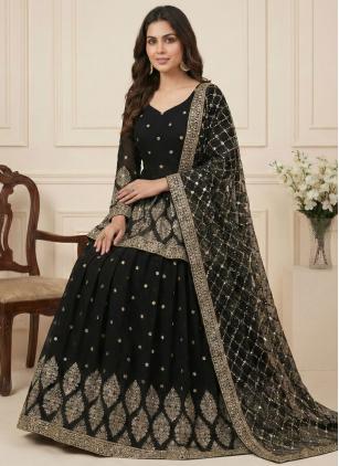 
                      Black Embroidered Faux Georgette A - Line Lehenga Choli