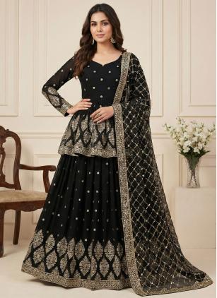 
                      Black Embroidered Faux Georgette A - Line Lehenga Choli