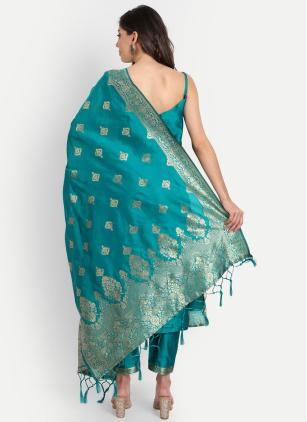 
                      Blue and Rama Cotton Silk Trendy Pant Style Suit