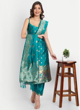 
                      Blue and Rama Cotton Silk Trendy Pant Style Suit