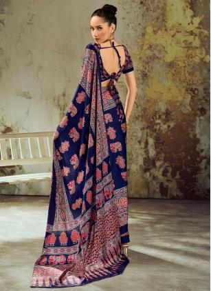 
                      Blue Casual Satin Ajrakh Print Contemporary Saree