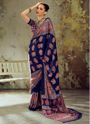 
                      Blue Casual Satin Ajrakh Print Contemporary Saree