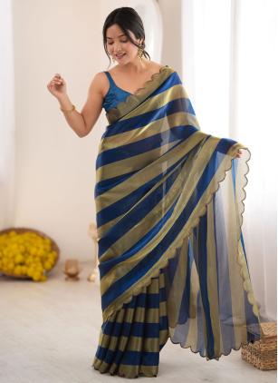 
                      Blue Casual Satin Woven Trendy Saree