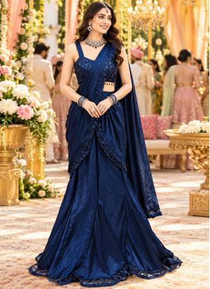 
                      Blue Ceremonial Crush Embroidered Trendy Saree