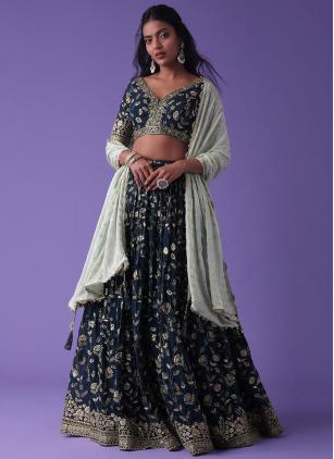 
                      Blue Embroidered Georgette Designer Lehenga Choli