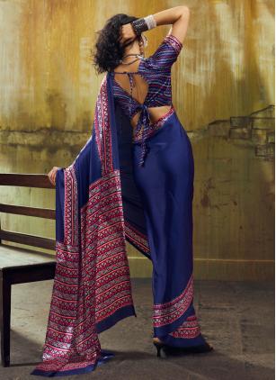 
                      Blue Print Satin Classic Saree